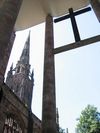 The spire of the old Cathedral from the entrance of the new